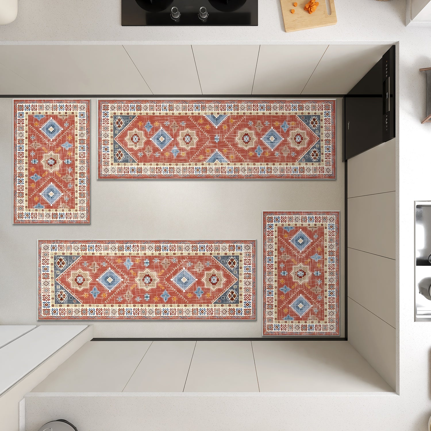 Boho Floral 4-Piece Kitchen Rug Set – Soft & Durable