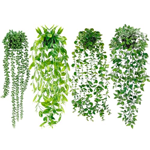 Artificial Hanging Plants for Shelf, 4 Pack Fake Potted Greenery Faux Eucalyptus Vine