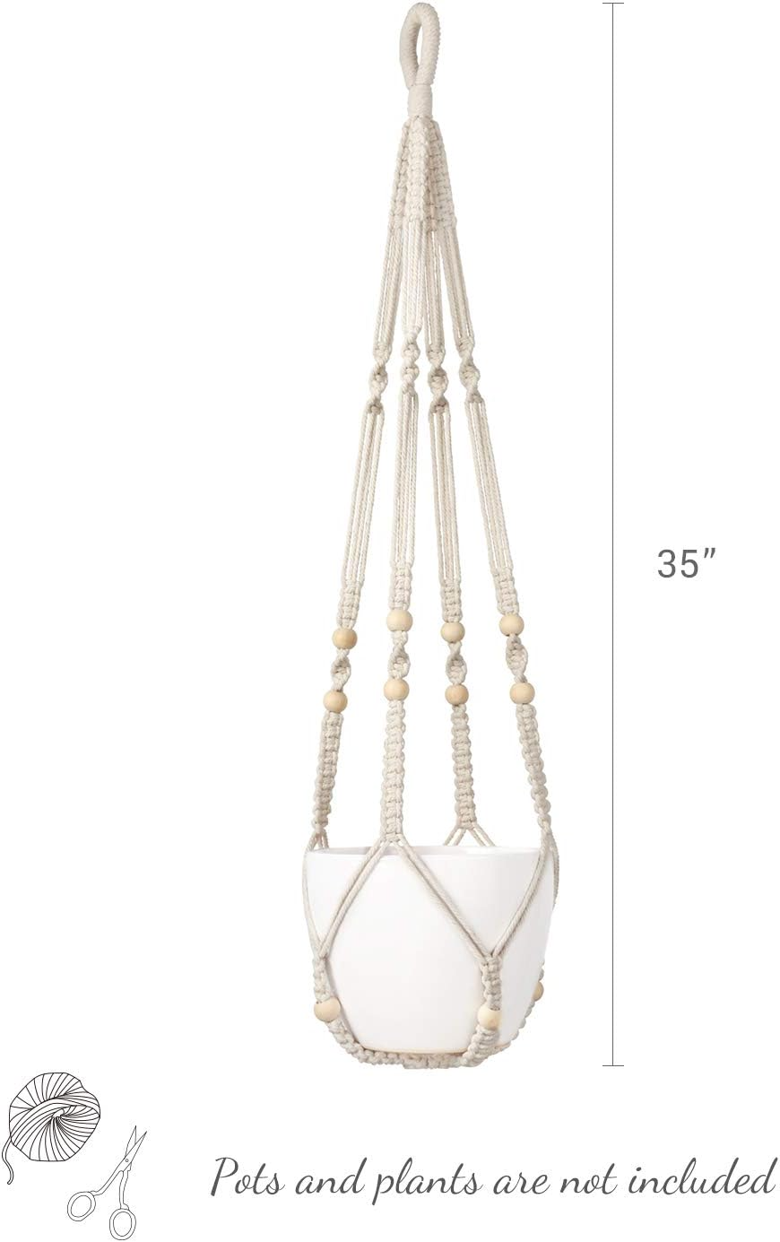 Indoor Hanging Planter Basket with Wood Beads Decorative Flower Pot Holder