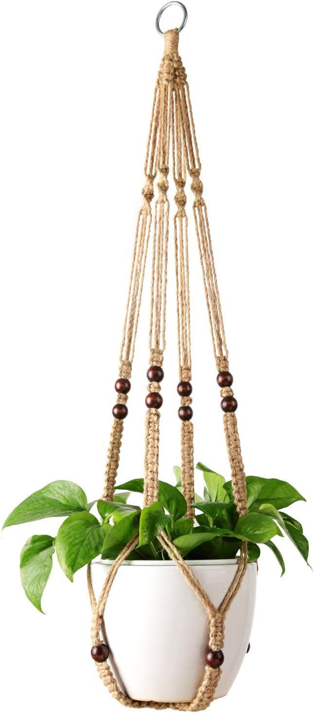 Indoor Hanging Planter Basket with Wood Beads Decorative Flower Pot Holder