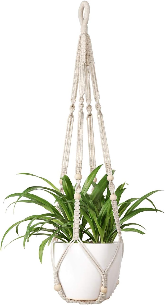 Indoor Hanging Planter Basket with Wood Beads Decorative Flower Pot Holder