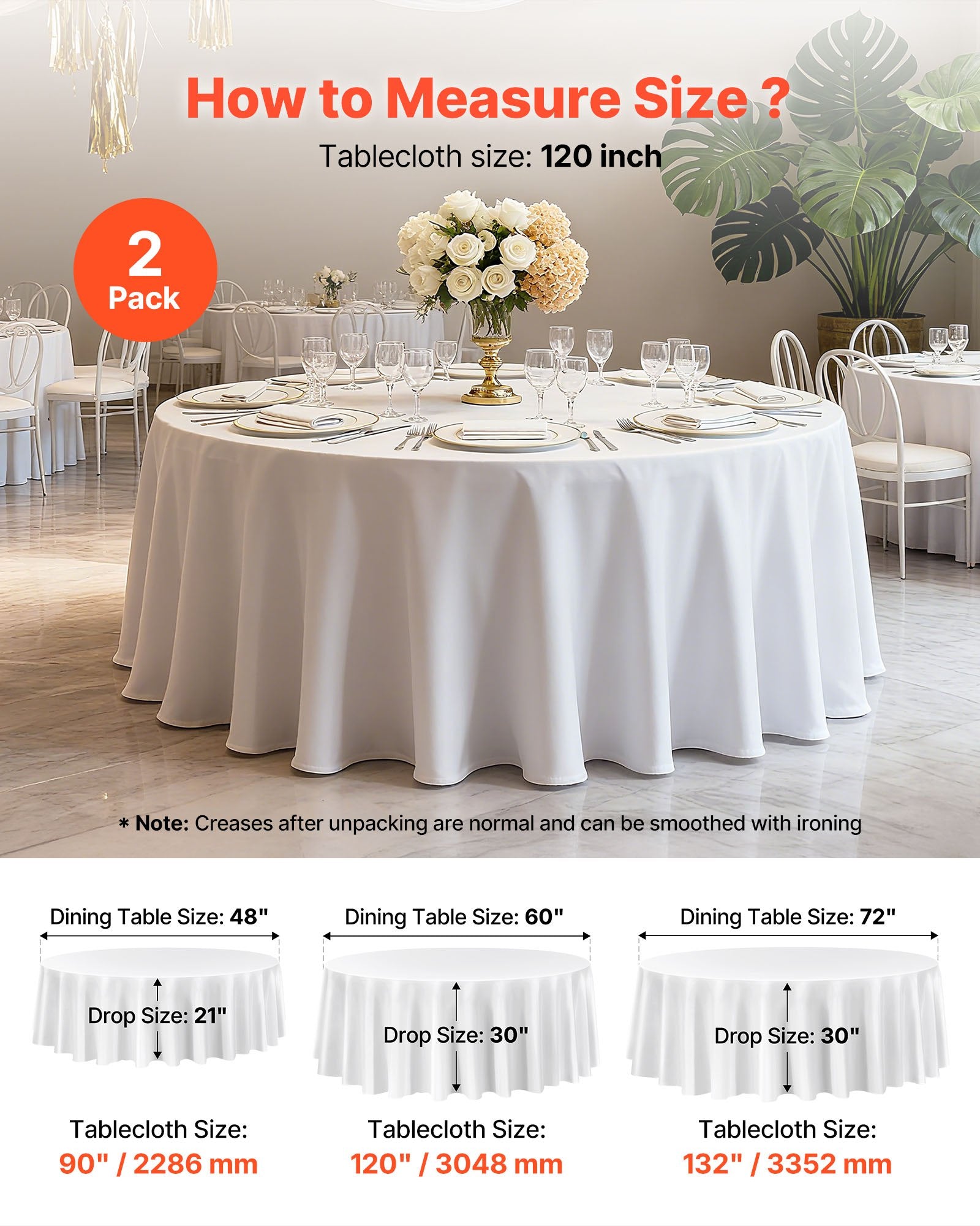 White Round Polyester Tablecloth – 2 Pack, 120 Inch
