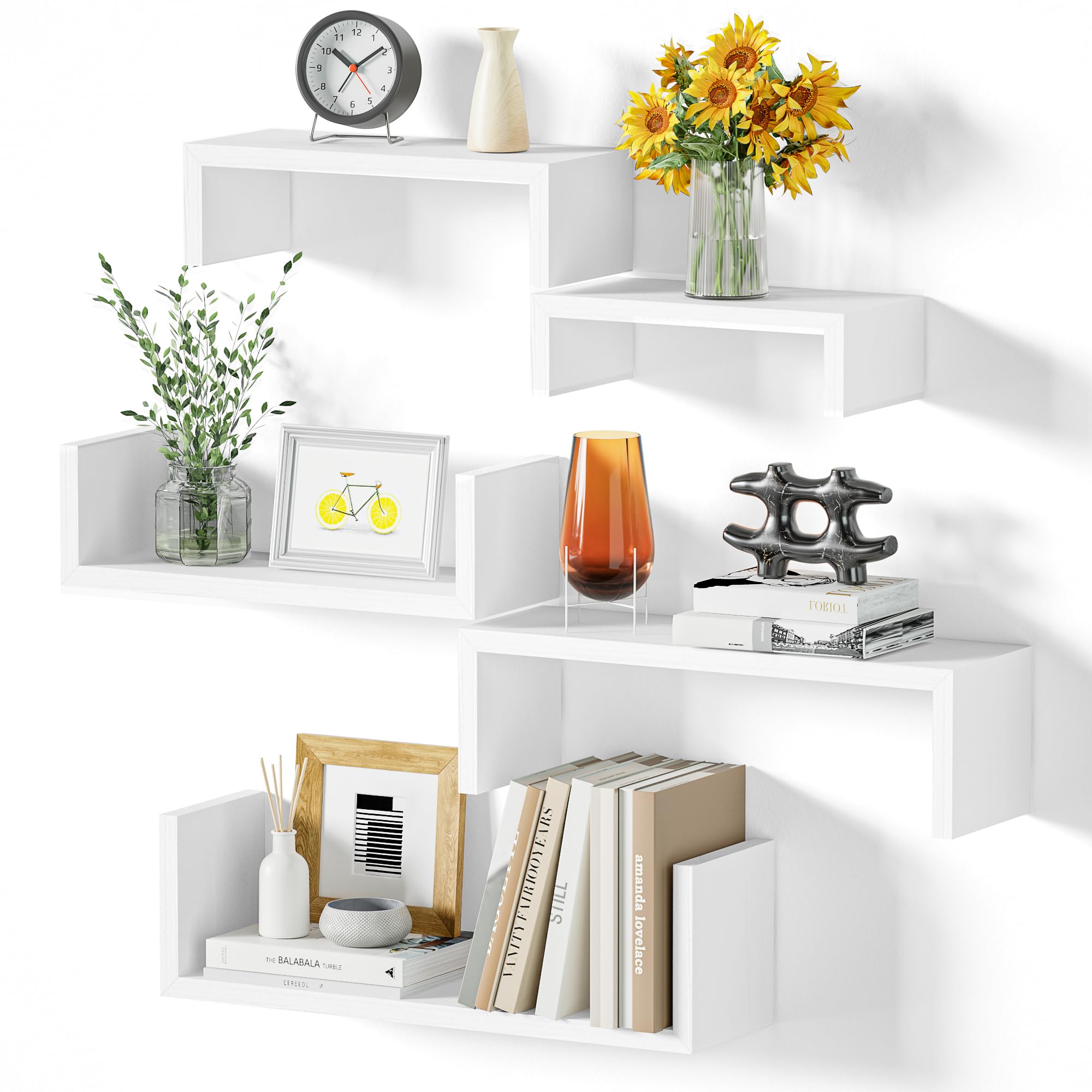 4-Pack White Floating Wall Shelves - Set Of 4 Different Sizes For Bathroom, Kitchen, Living Room