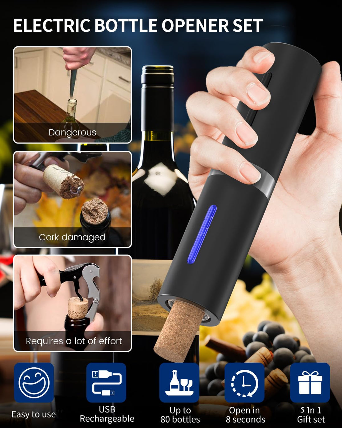 Electric Wine Bottle Opener 7-in-1 Wine Gift Set with Electric Vacuum Pump