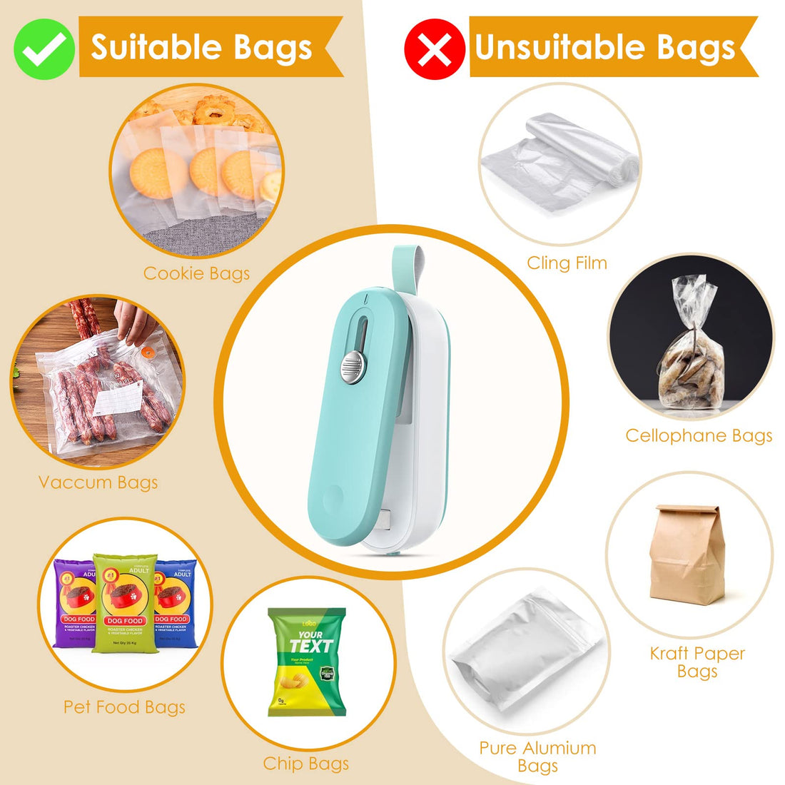 2 in 1 Bag Sealer Heat Seal with Cutter and with Lanyard