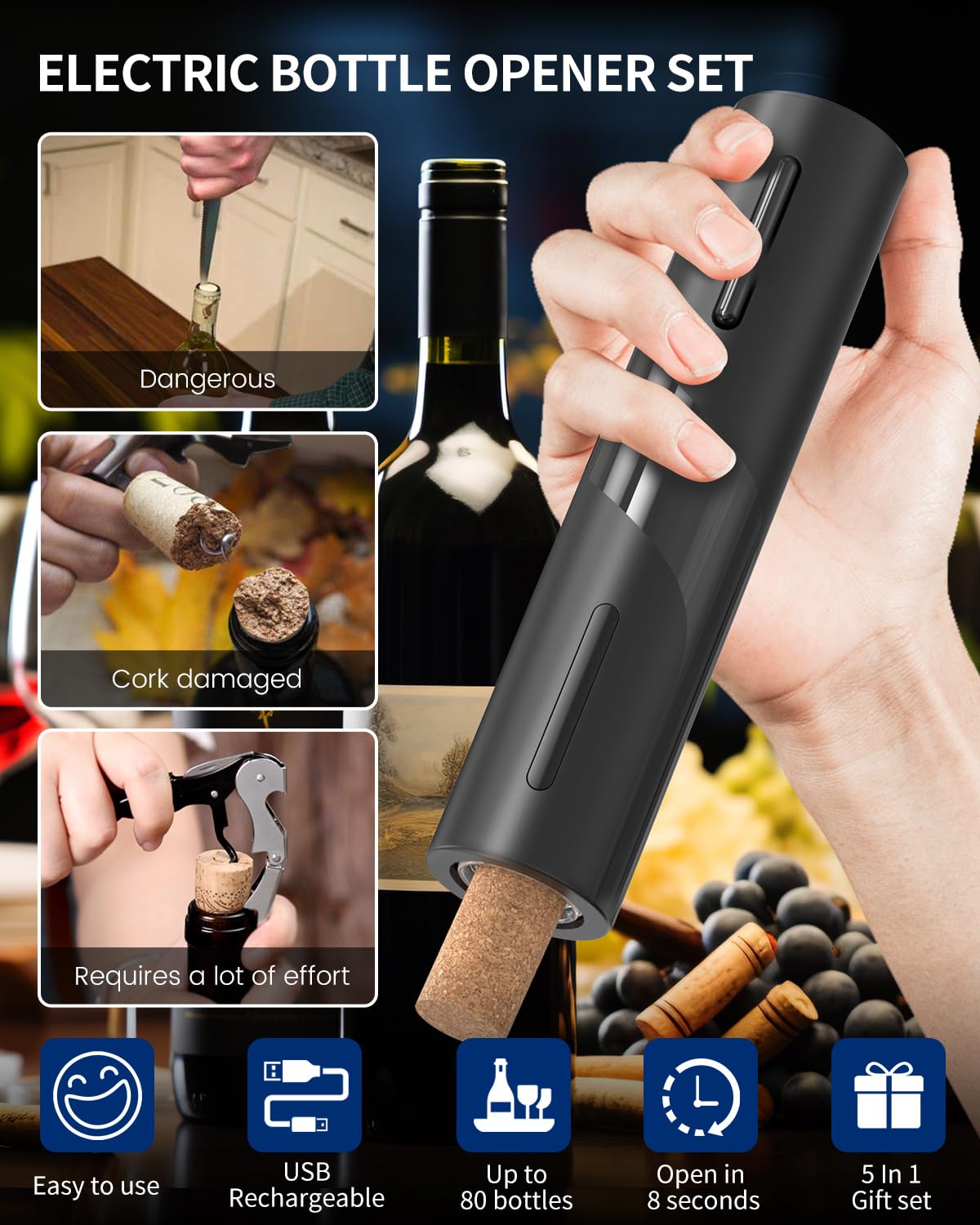 Electric Wine Bottle Opener 7-in-1 Wine Gift Set with Electric Vacuum Pump