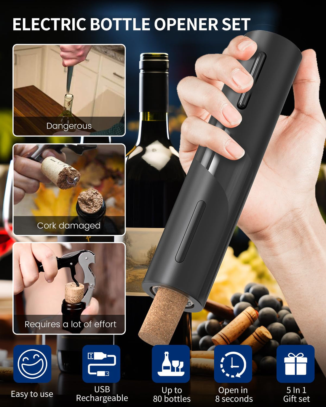 Electric Wine Bottle Opener 7-in-1 Wine Gift Set with Electric Vacuum Pump