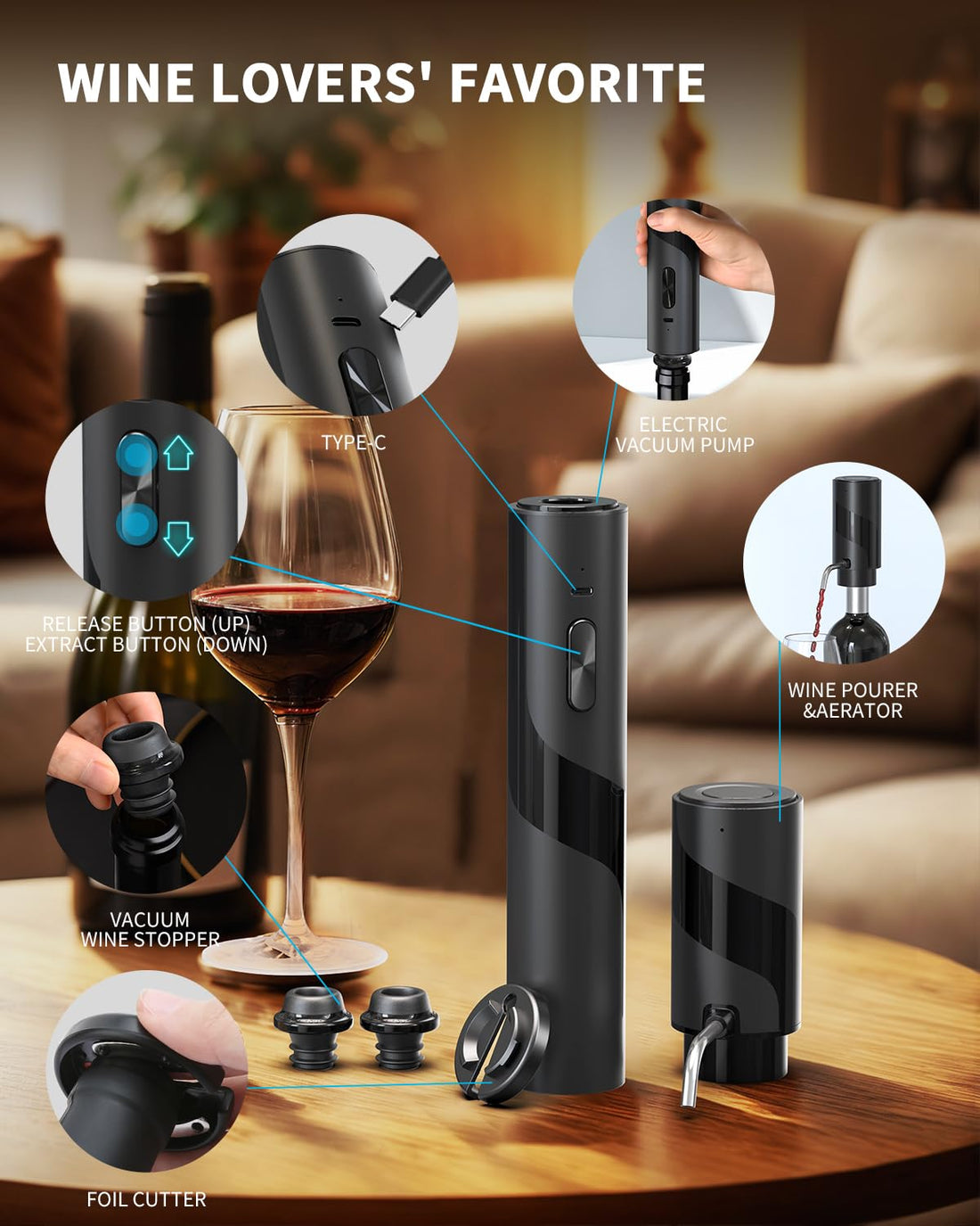 Electric Wine Bottle Opener 7-in-1 Wine Gift Set with Electric Vacuum Pump