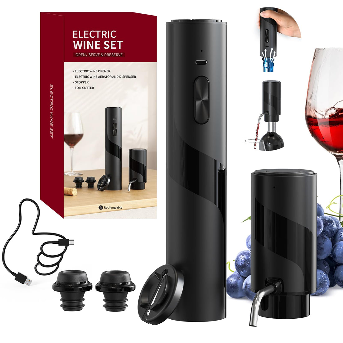 Electric Wine Bottle Opener 7-in-1 Wine Gift Set with Electric Vacuum Pump