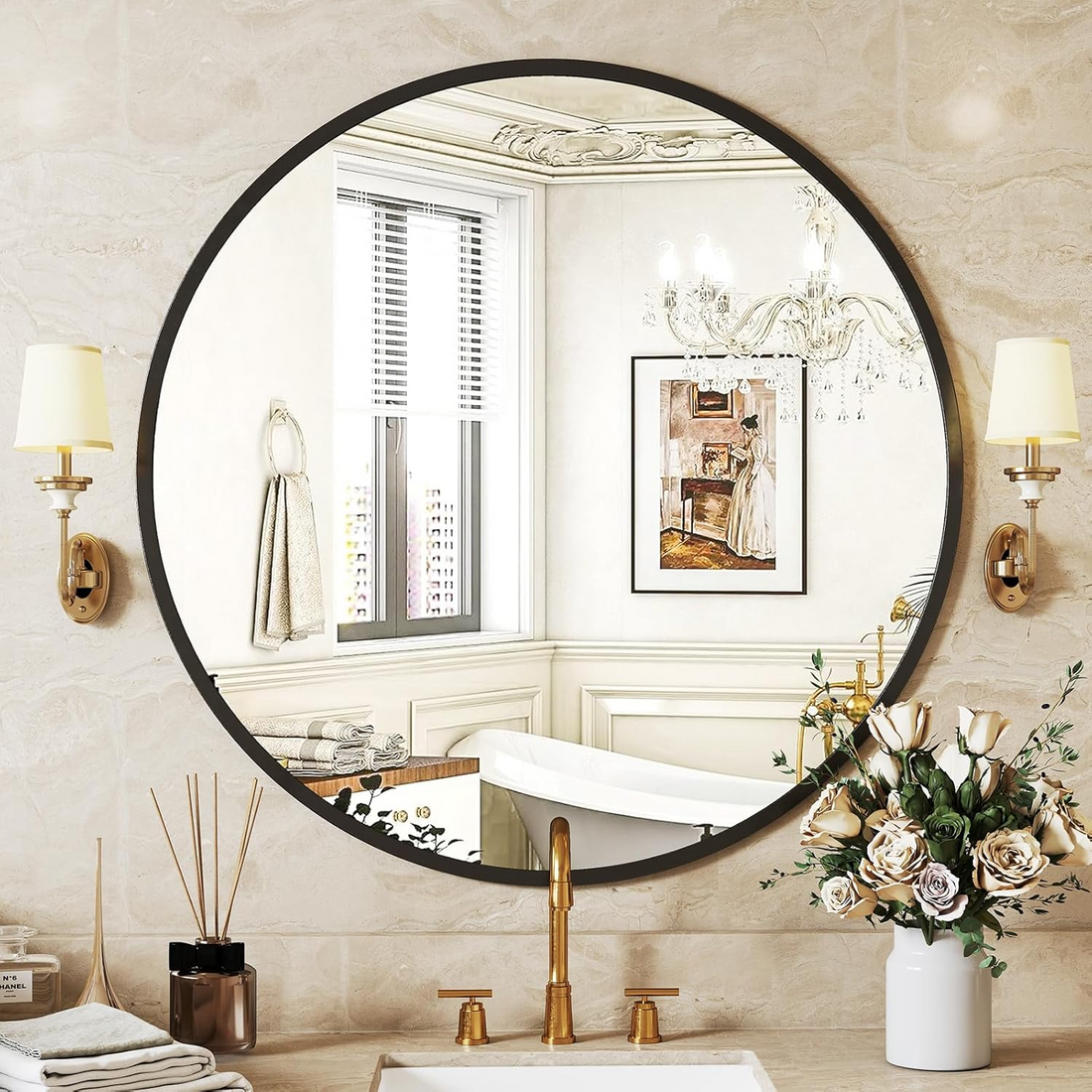 Sweetcrispy Black Round Wall Mirror 30 Inch