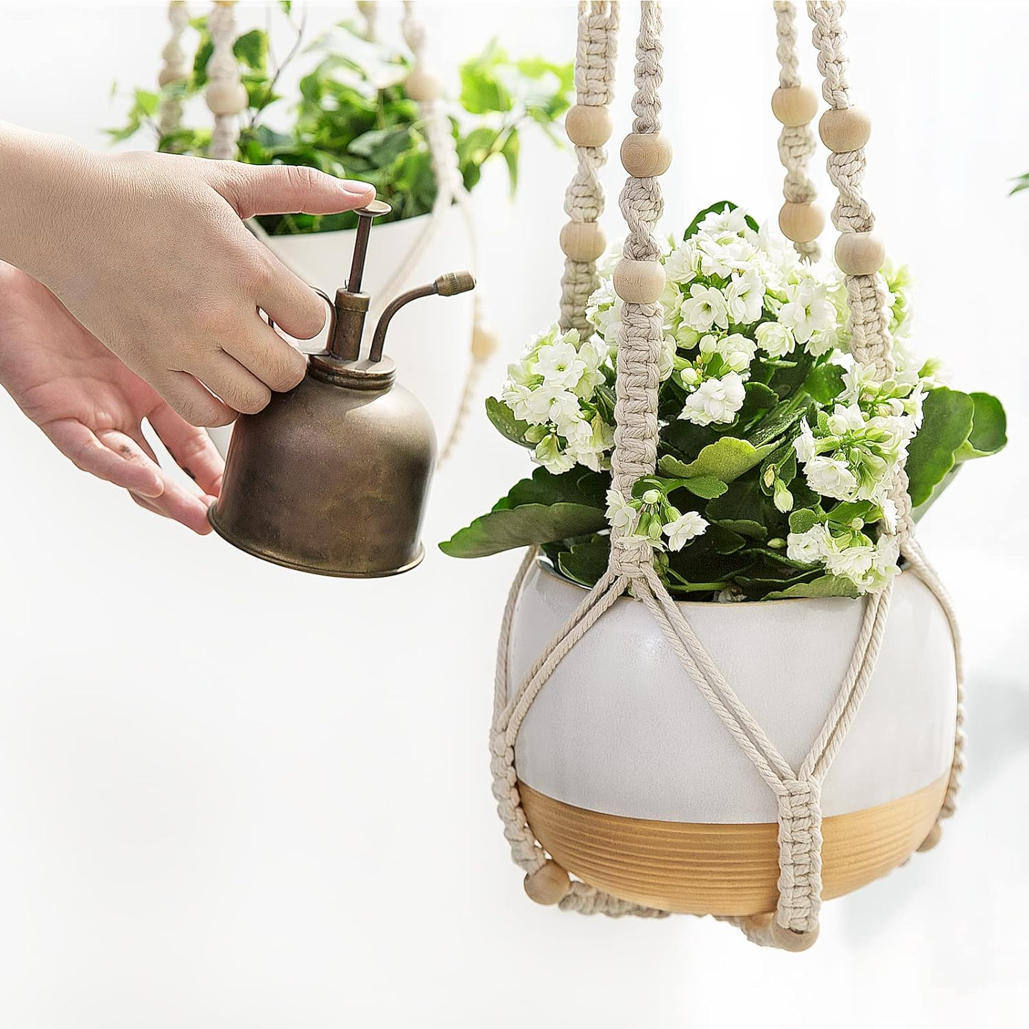 Indoor Hanging Planter Basket with Wood Beads Decorative Flower Pot Holder