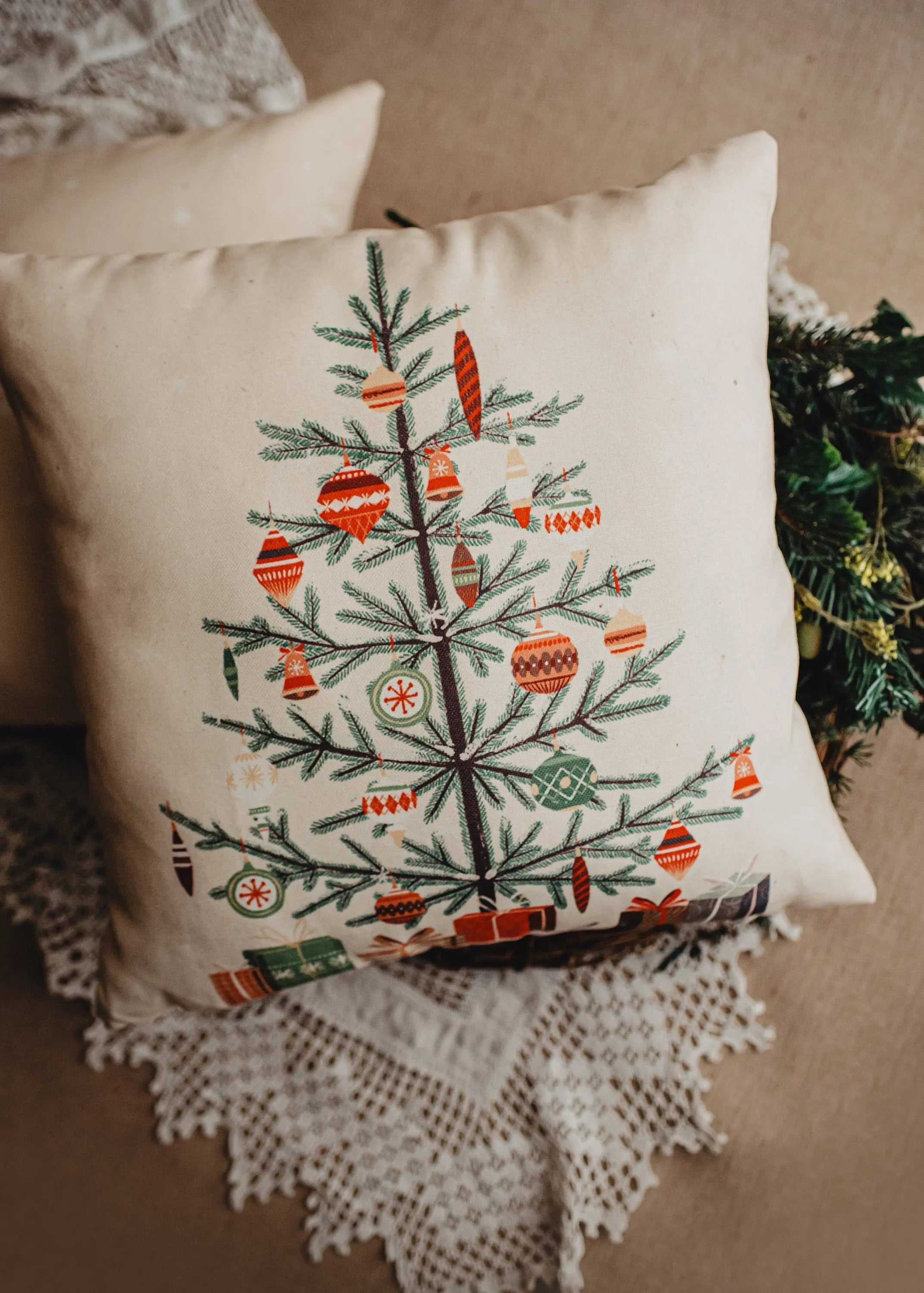 Nordic Pine Christmas Tree Throw Pillow – Rustic Farmhouse Decor