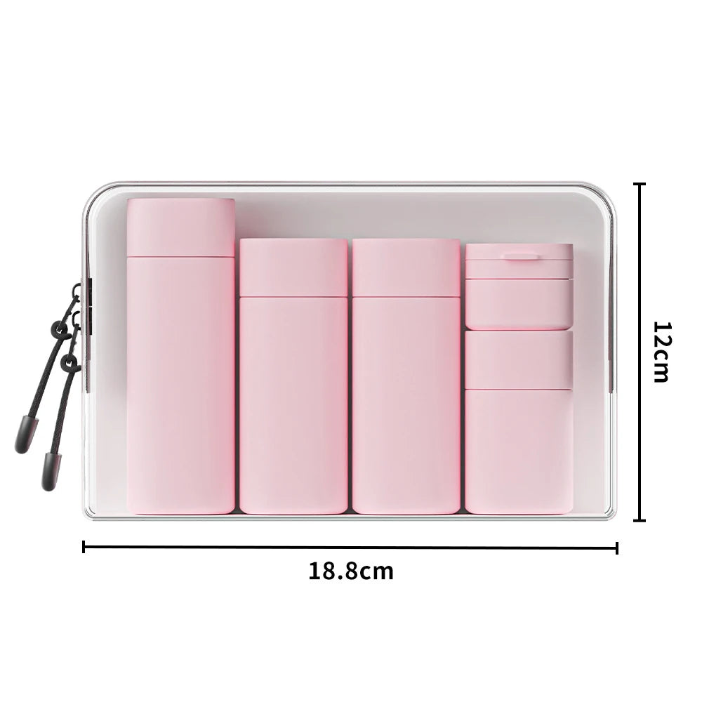 5-in-1 Travel Refillable Silicone Toiletry Bottles Set with Clear Bag – Leak-Proof Shampoo, Conditioner & Lotion Containers