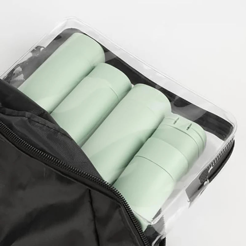 5-in-1 Travel Refillable Silicone Toiletry Bottles Set with Clear Bag – Leak-Proof Shampoo, Conditioner & Lotion Containers