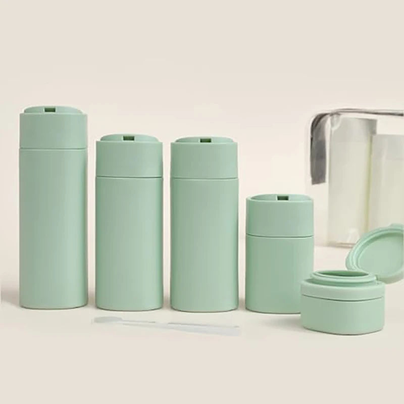 5-in-1 Travel Refillable Silicone Toiletry Bottles Set with Clear Bag – Leak-Proof Shampoo, Conditioner & Lotion Containers