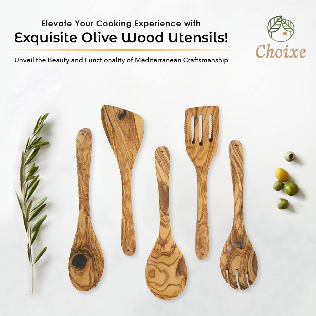 Olive Wood Utensil Set – 5 Piece Hand-Carved Kitchen Tools