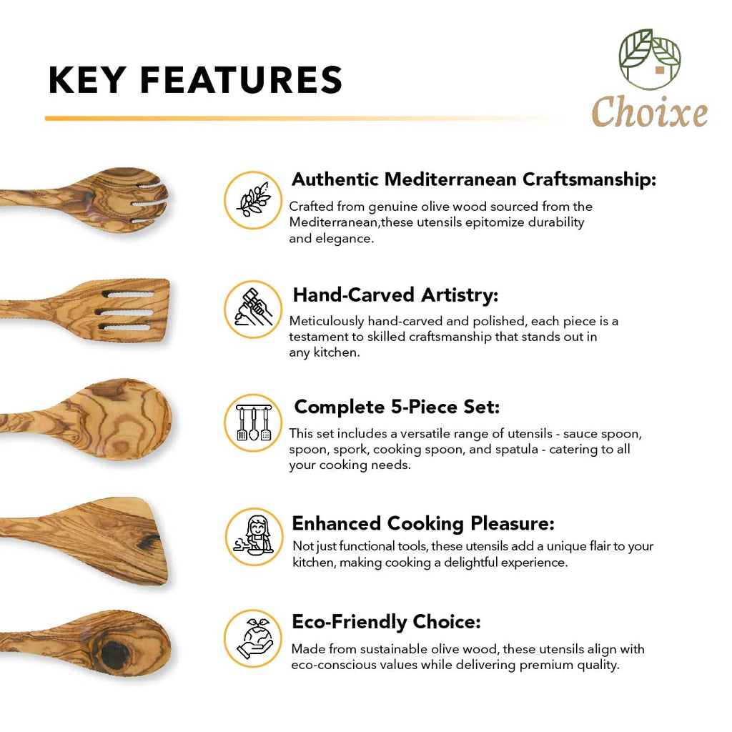 Olive Wood Utensil Set – 5 Piece Hand-Carved Kitchen Tools