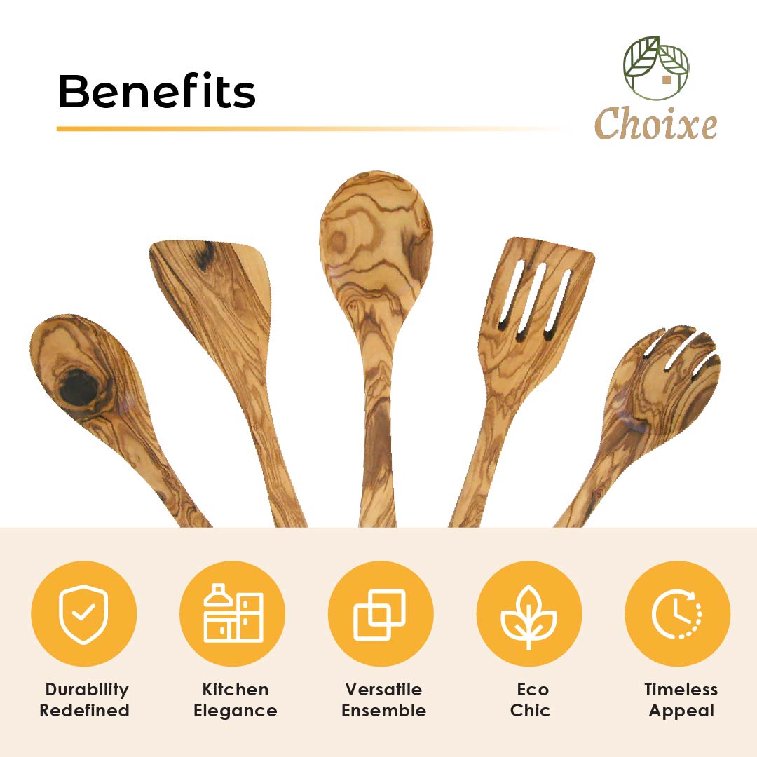 Olive Wood Utensil Set – 5 Piece Hand-Carved Kitchen Tools